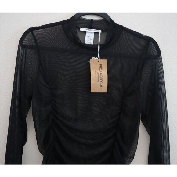 Project Social T 9694-MV Women's Sz M Black Just Float Sheer Mesh Ruched L/S Top - Picture 4 of 9